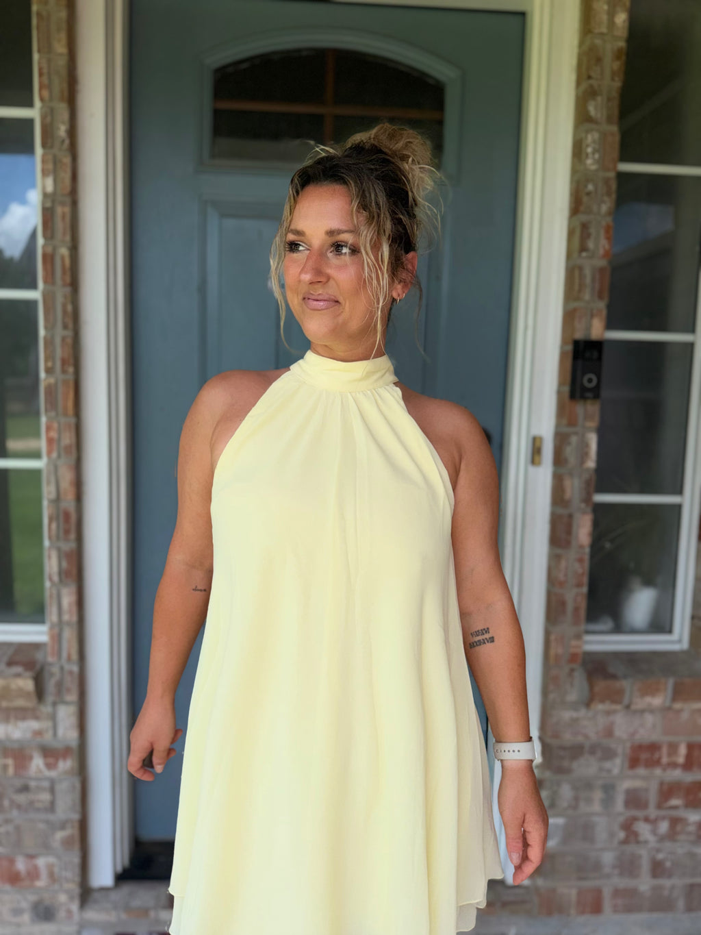 Halter Neck Ruffle Hem Mini Dress Butter Yellow
