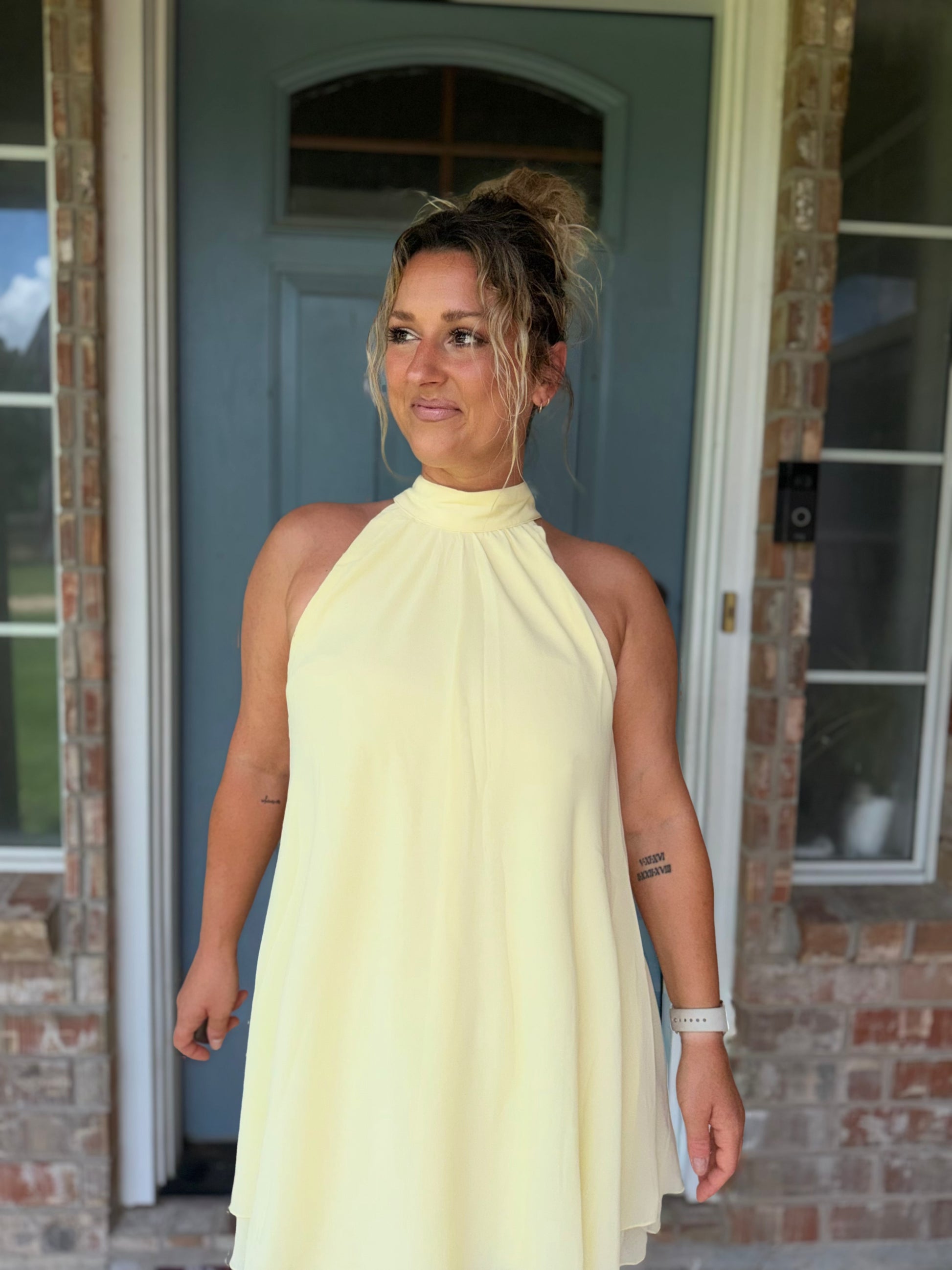 Halter Neck Ruffle Hem Mini Dress Butter Yellow