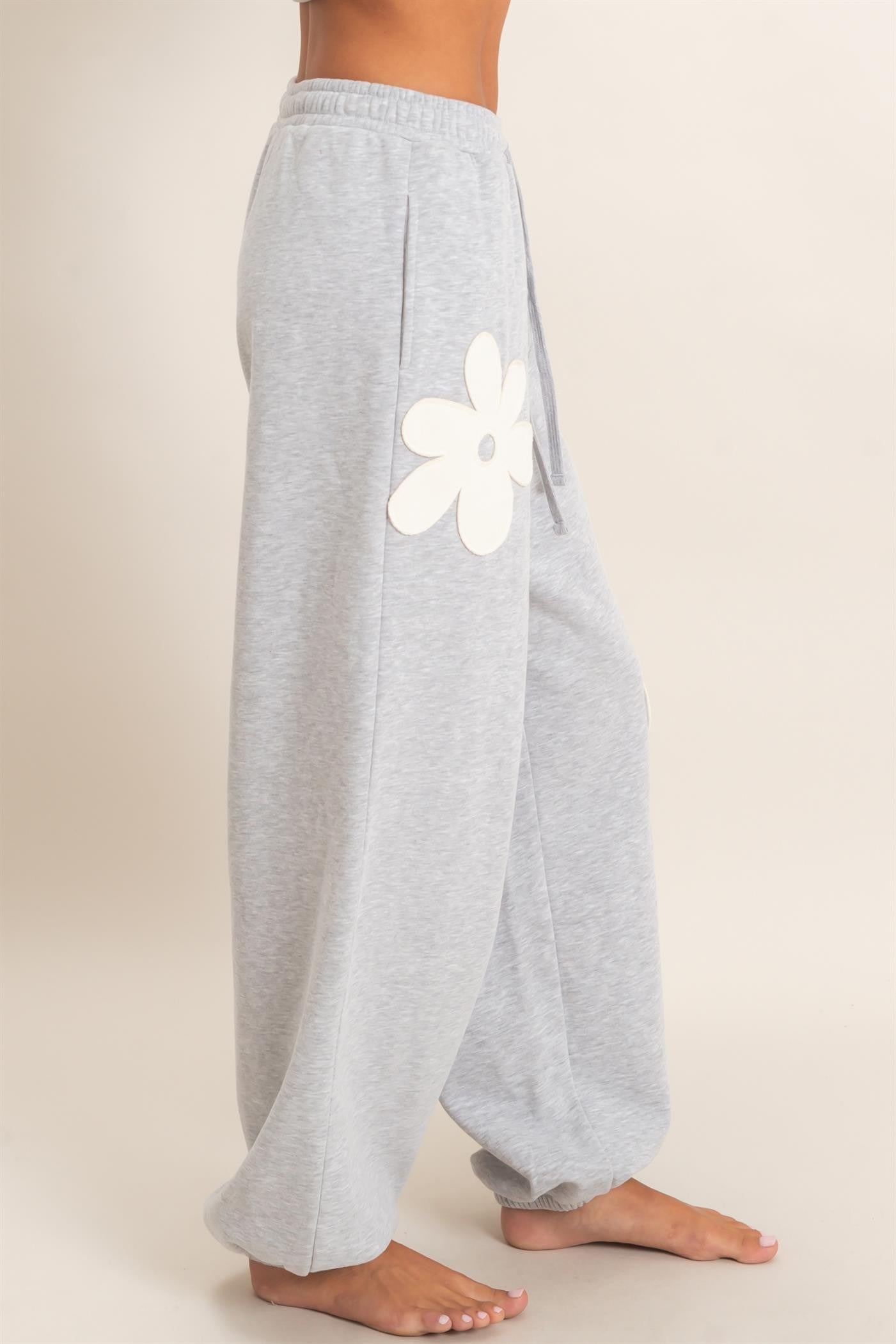 Floral Applique Drawstring Jogger Pants-Heather Gray