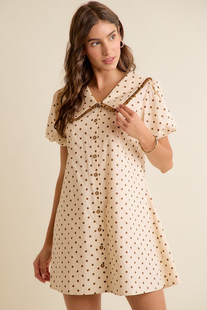 Polka Dot Peter Pan Ruffled Collar Puff Sleeves