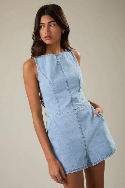 Boat Neck Tie Back Denim Romper