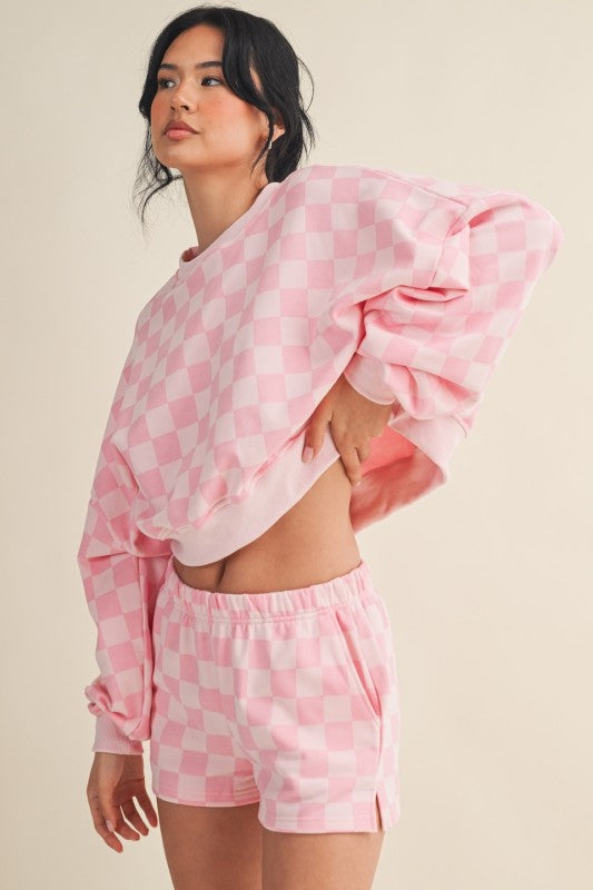 So Fetch Checkered Pink Short Set