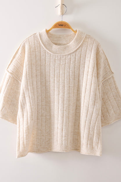 Cropped Length Ribbed Knit Sweater-Oatmeal