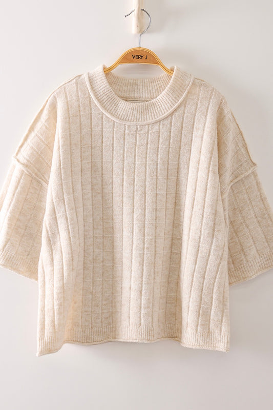 Cropped Length Ribbed Knit Sweater-Oatmeal