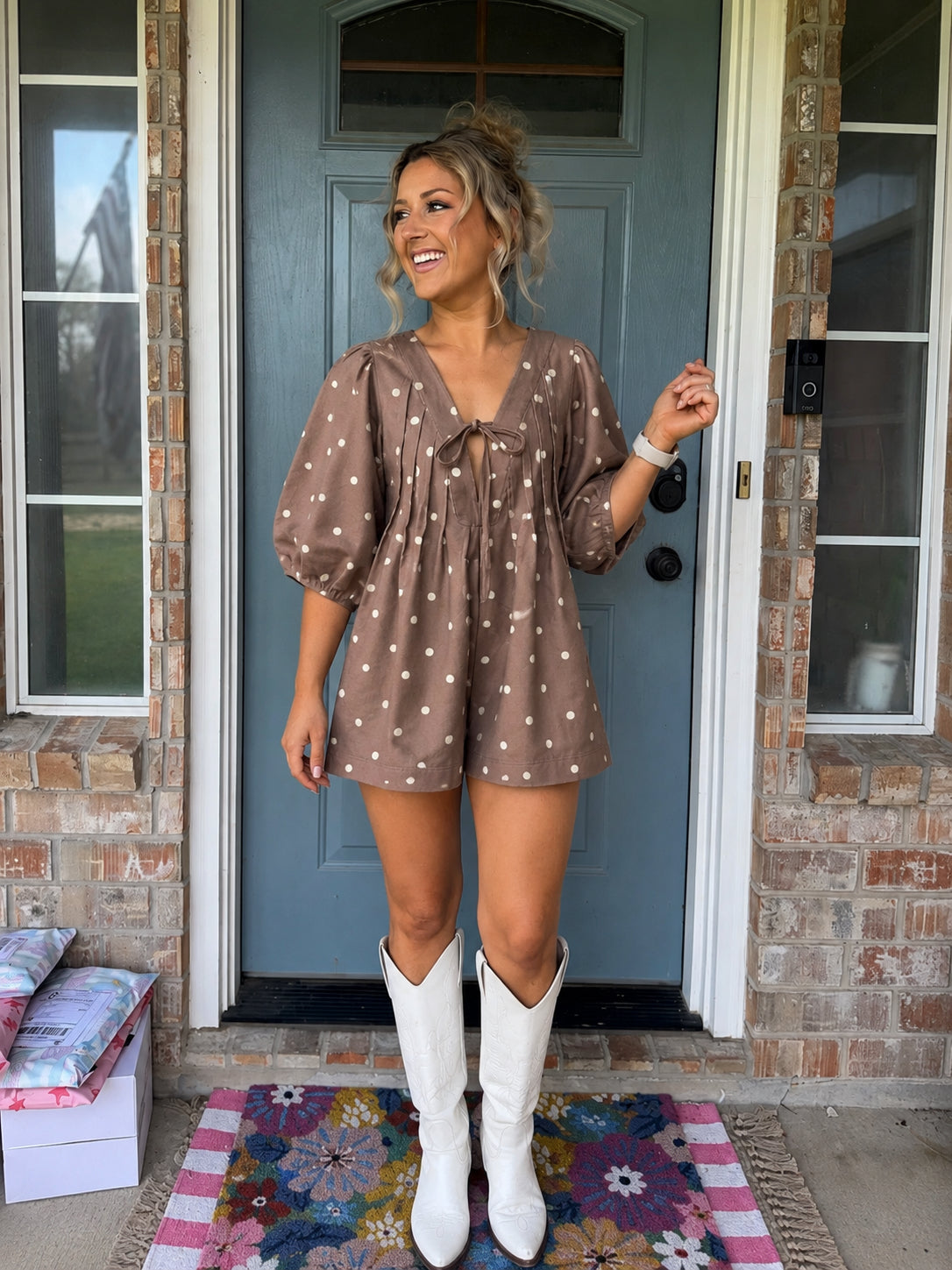 Polka Dot Twill Bubble Sleeve Romper Mocha