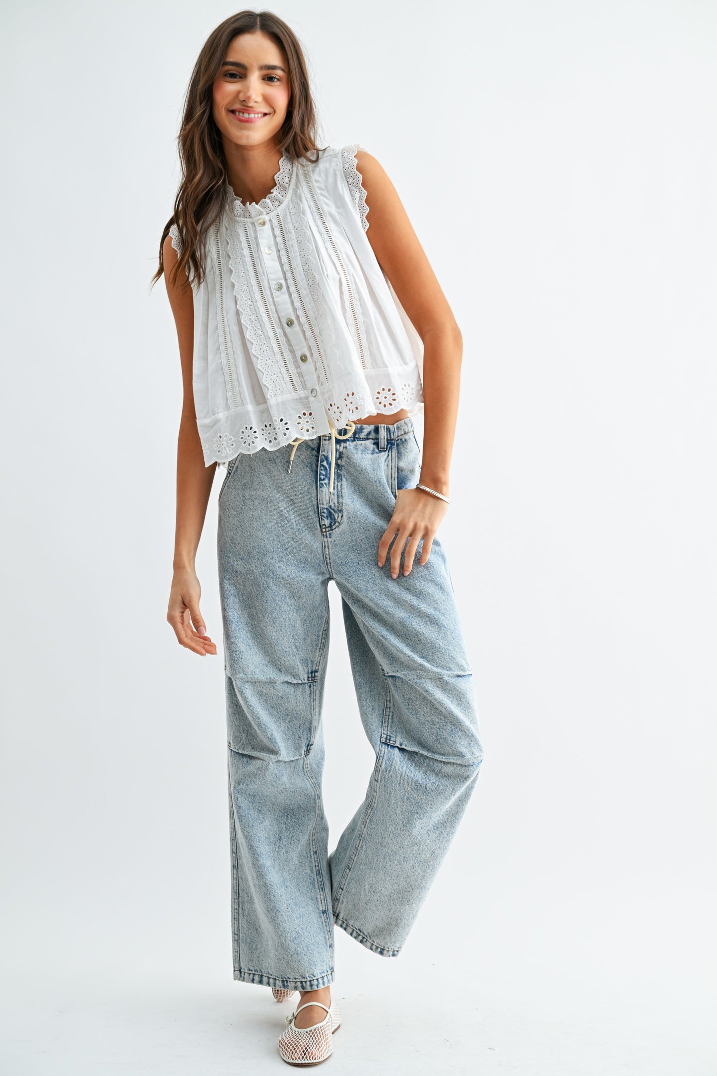 Broderie Anglaise Sleeveless Cotton Blouse