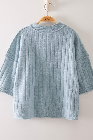Cropped Length Ribbed Knit Sweater-Blue