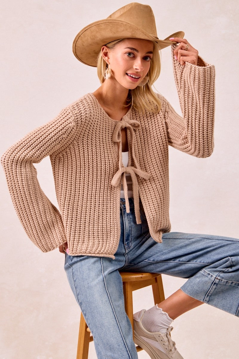 Solid Loose Gauge Knit Sweater Top With Bow Tied