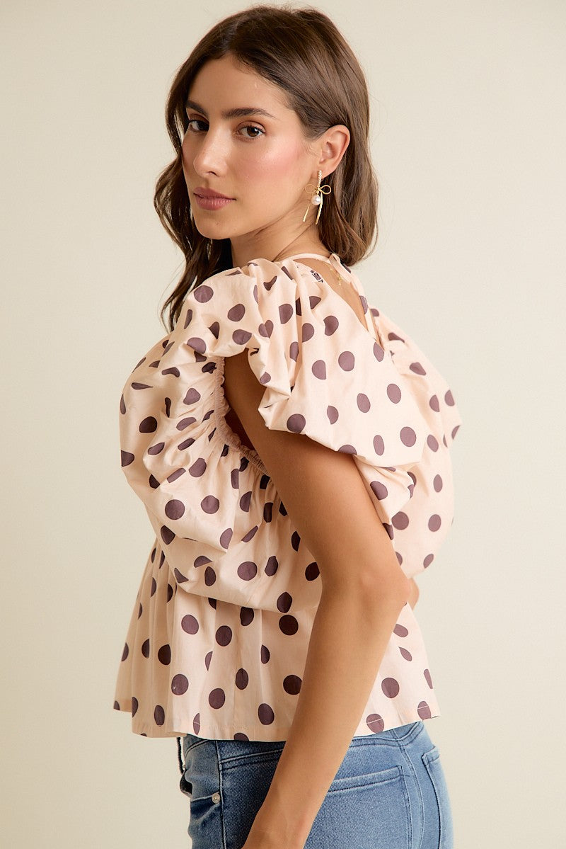 Polka Dot Bubble Sleeves Back Smocked Lined Blouse