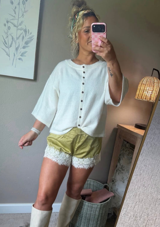 Lace Trim Satin Lounge Shorts Moss