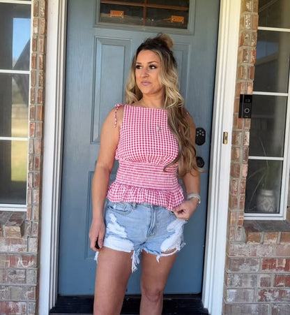 Red Gingham Smocked Plaid Top