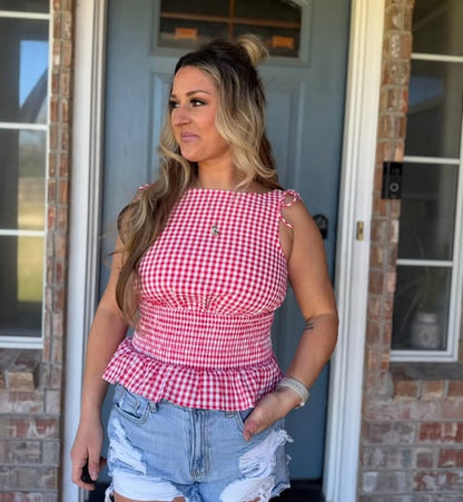 Red Gingham Smocked Plaid Top