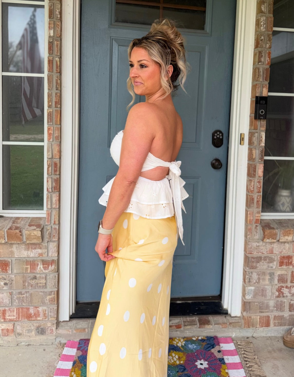 Yellow Polka Dot Satin Midi Skirt