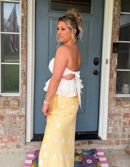 Yellow Polka Dot Satin Midi Skirt