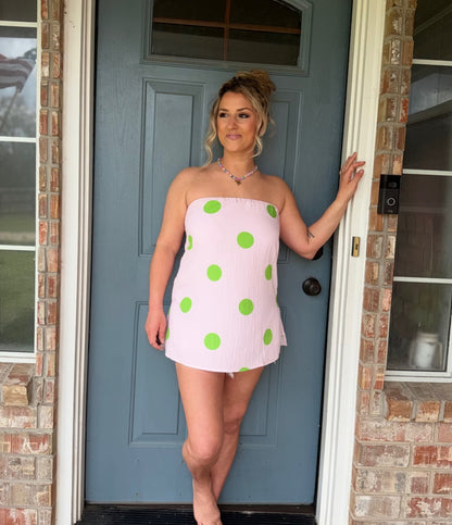 Polka Dot Elasticized Neck Strapless Top