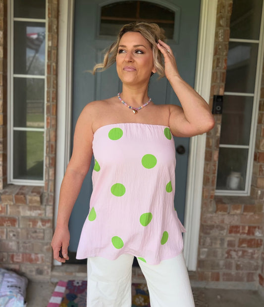 Polka Dot Elasticized Neck Strapless Top