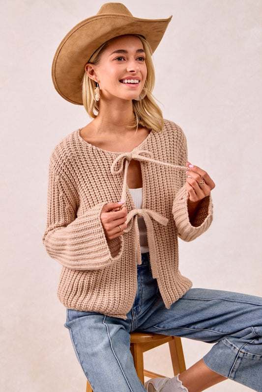 Solid Loose Gauge Knit Sweater Top With Bow Tied