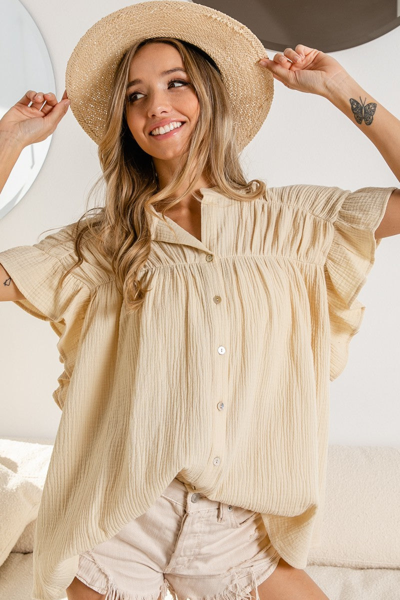 LOOSE FIT WRINKLE GAUZE SHIRRED DETAIL TOP