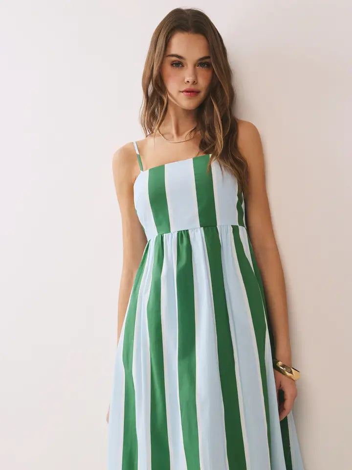 Striped Back Smocked Detail Side Pocket Maxi Dress