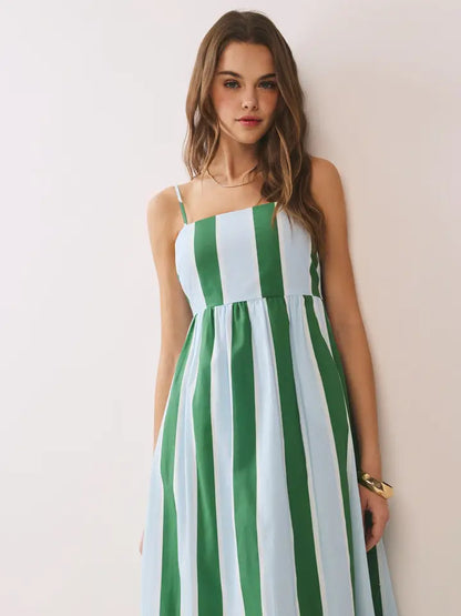 Striped Back Smocked Detail Side Pocket Maxi Dress