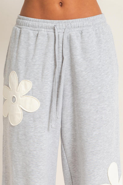 Floral Applique Drawstring Jogger Pants-Heather Gray