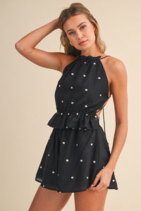 Dot Print Halter Backless Romper With Ruffle Waist