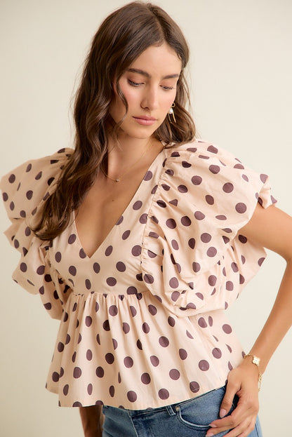 Polka Dot Bubble Sleeves Back Smocked Lined Blouse