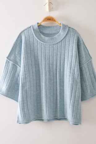Cropped Length Ribbed Knit Sweater-Blue