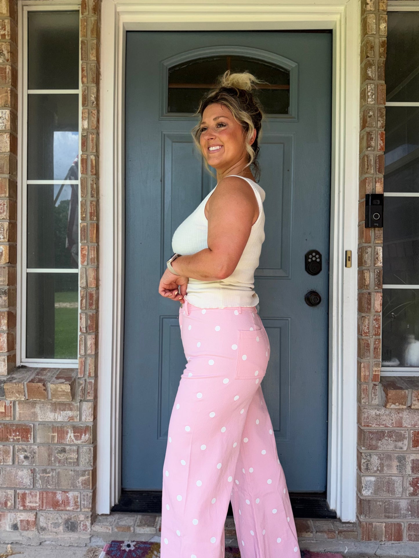 Falling Petals Polka Trouser Relaxed Fit Pants Pink
