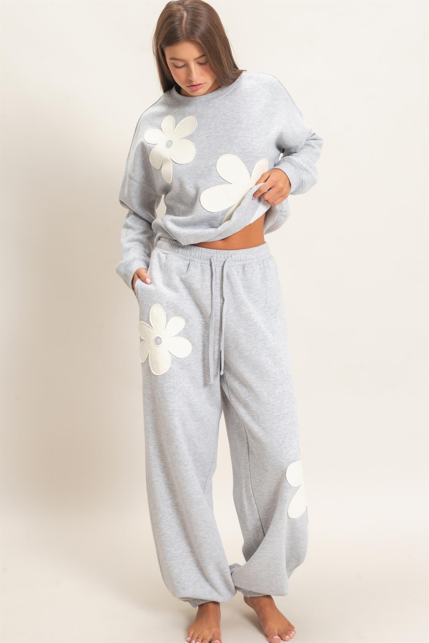 Floral Applique Drawstring Jogger Pants-Heather Gray