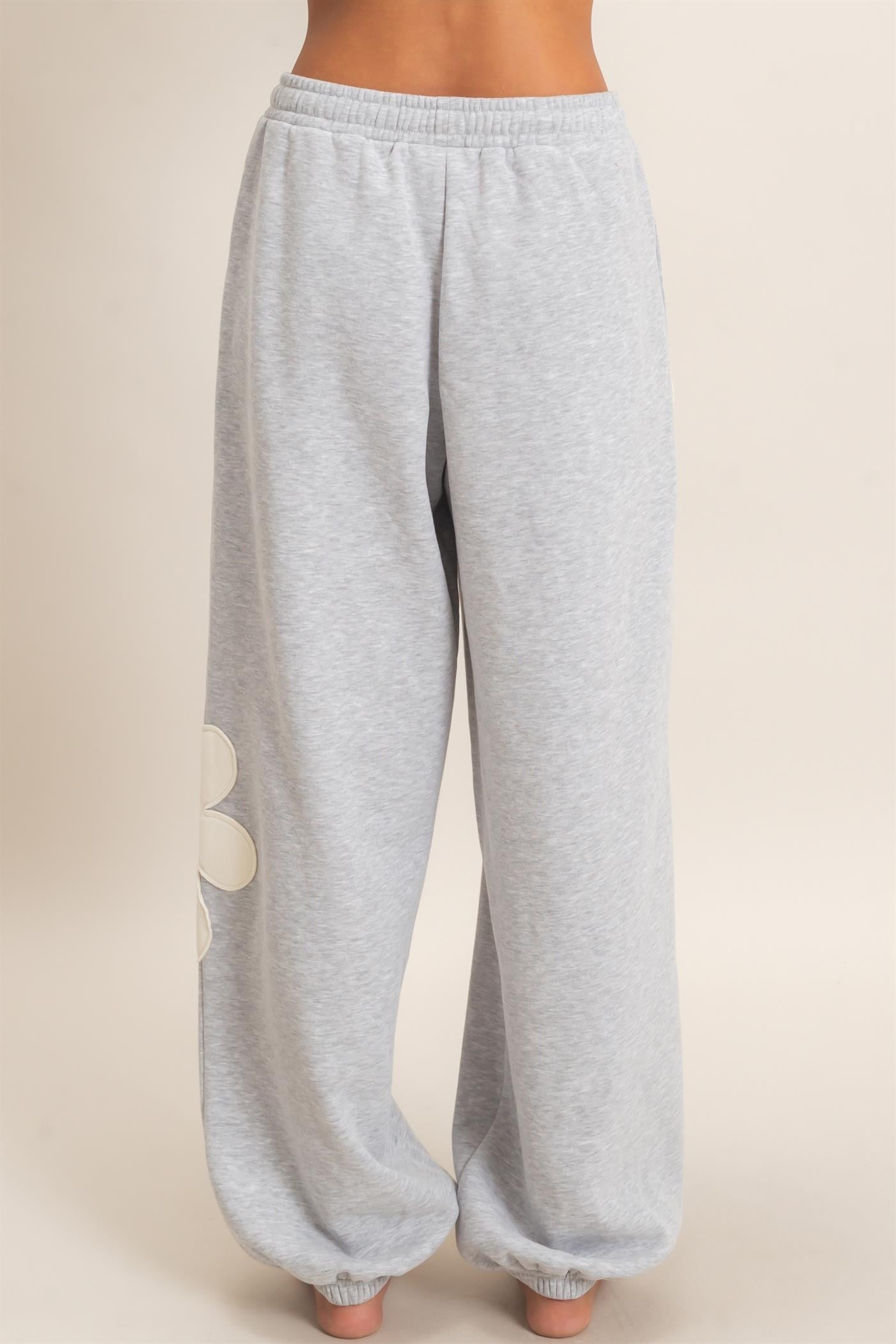 Floral Applique Drawstring Jogger Pants-Heather Gray