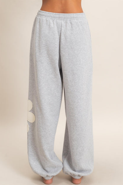 Floral Applique Drawstring Jogger Pants-Heather Gray