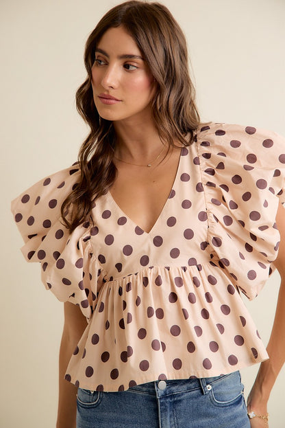 Polka Dot Bubble Sleeves Back Smocked Lined Blouse