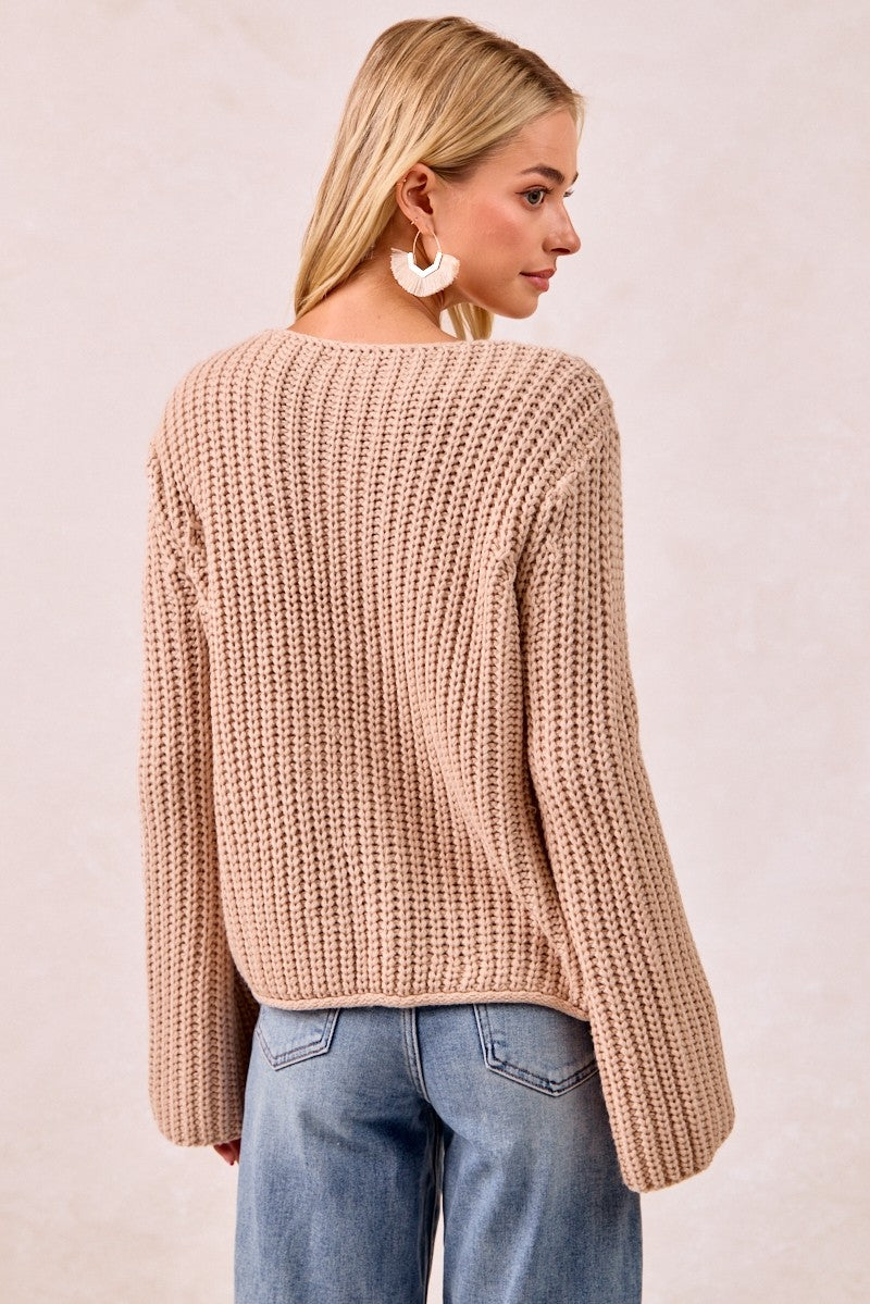 Solid Loose Gauge Knit Sweater Top With Bow Tied