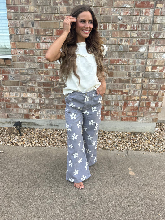 FLOWER PRINTED SIDE POCKET WIDE PANTS