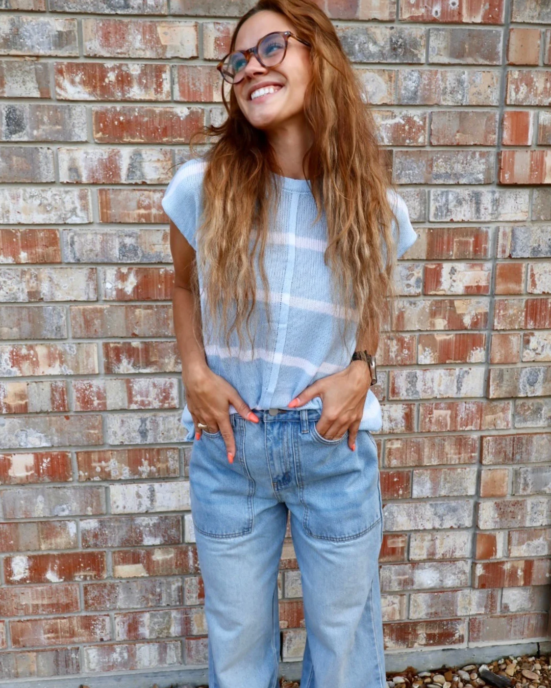 Ladies Round Neck  Casual Striped Sweater