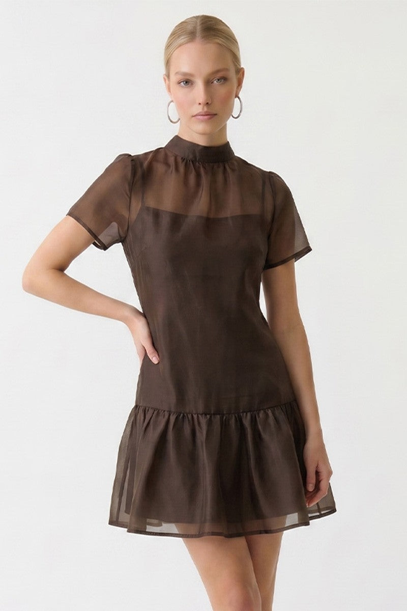 Soft Organza Mock Neck Mini Dress With Removable Slip Dress-Mocha