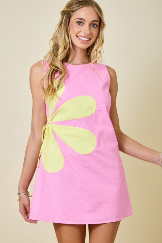 Sleeveless Flower Applique Dress W/ Cut Out Detail