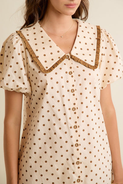 Polka Dot Peter Pan Ruffled Collar Puff Sleeves