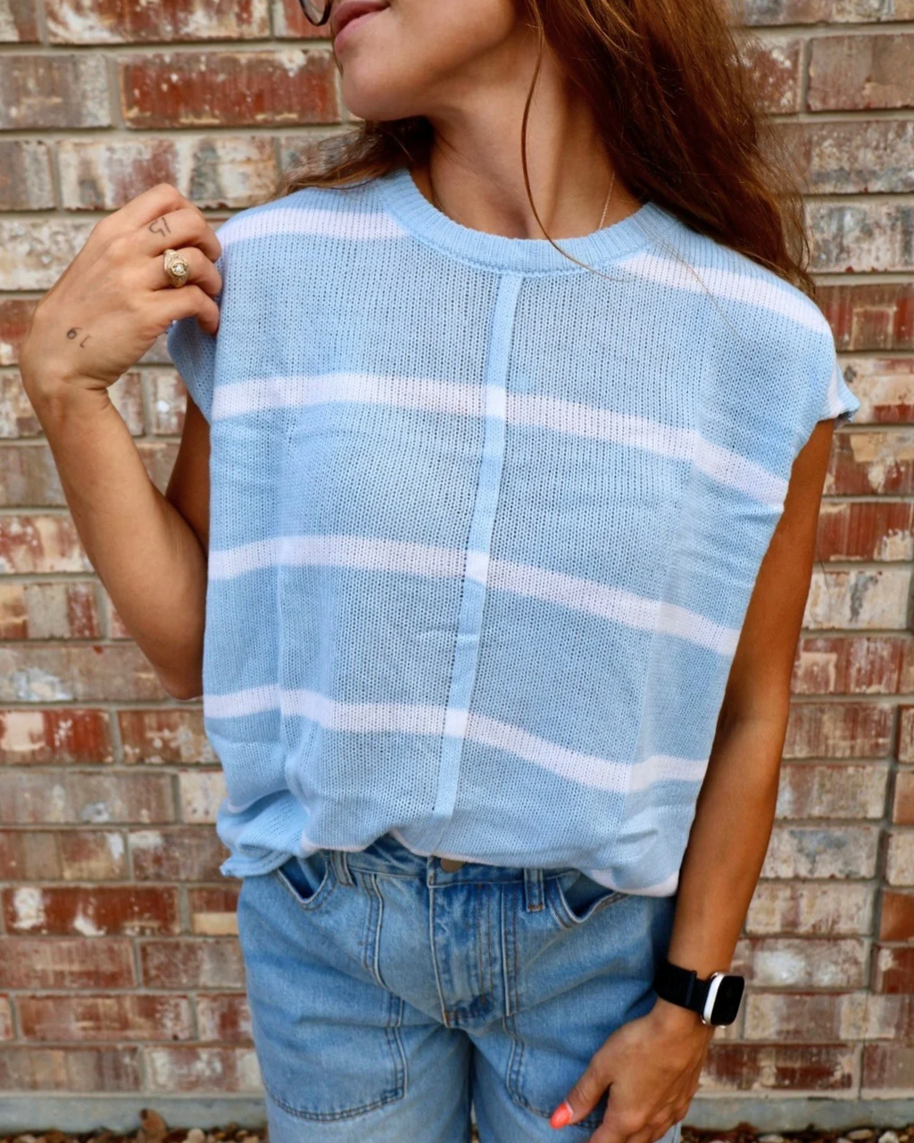 Ladies Round Neck  Casual Striped Sweater