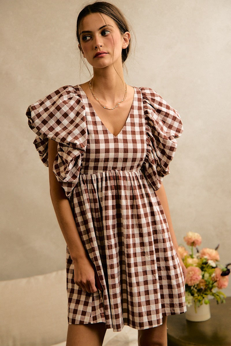 Gingham Bubble Sleeves Back Smocked Dress