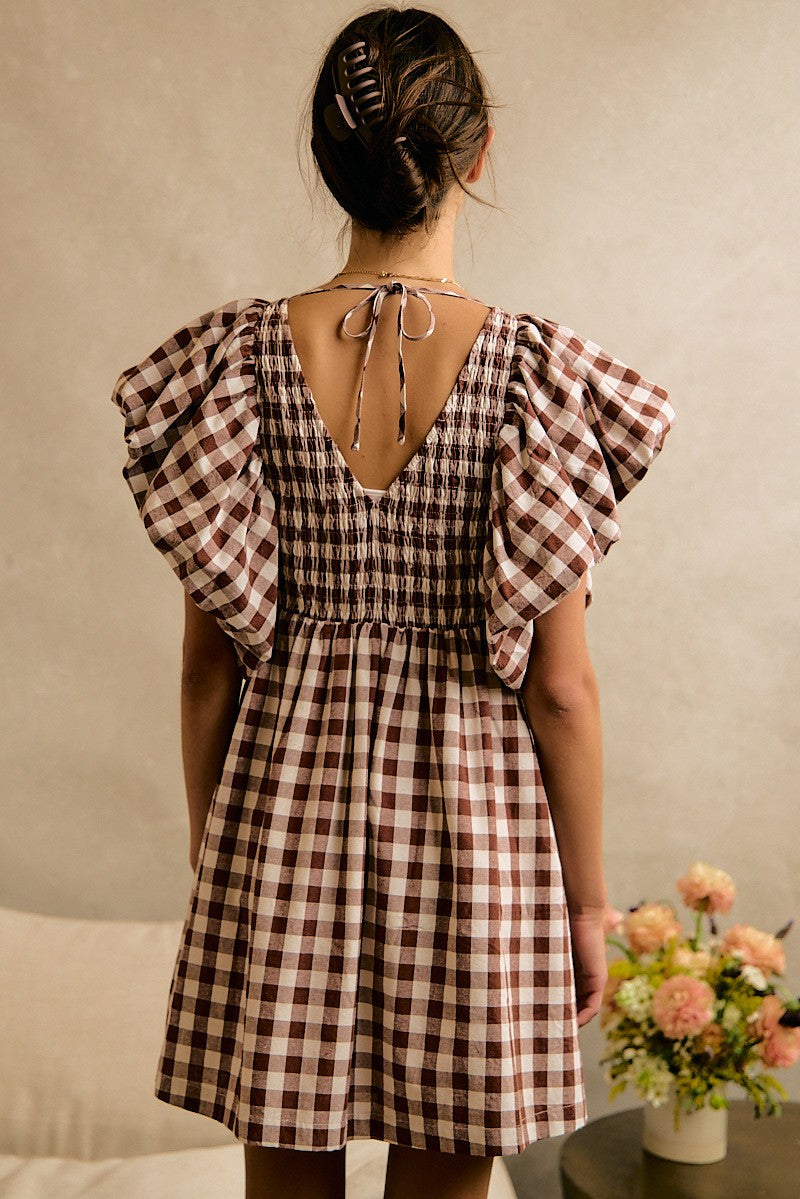 Gingham Bubble Sleeves Back Smocked Dress