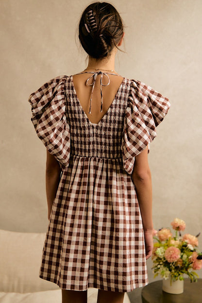 Gingham Bubble Sleeves Back Smocked Dress