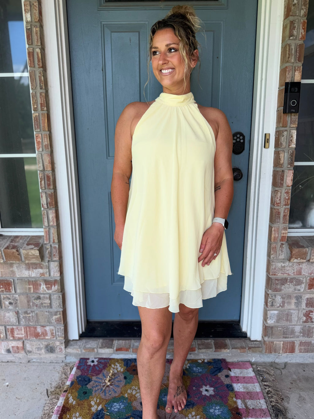 Halter Neck Ruffle Hem Mini Dress Butter Yellow