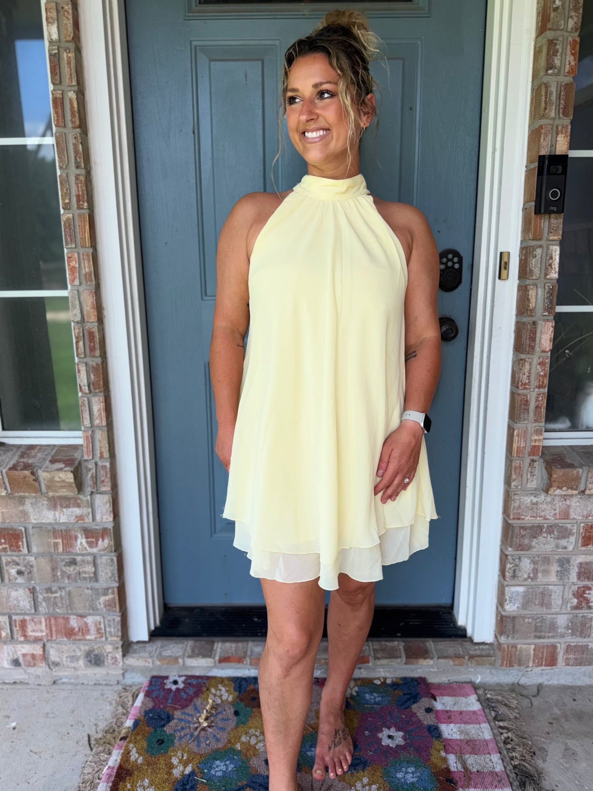 Halter Neck Ruffle Hem Mini Dress Butter Yellow