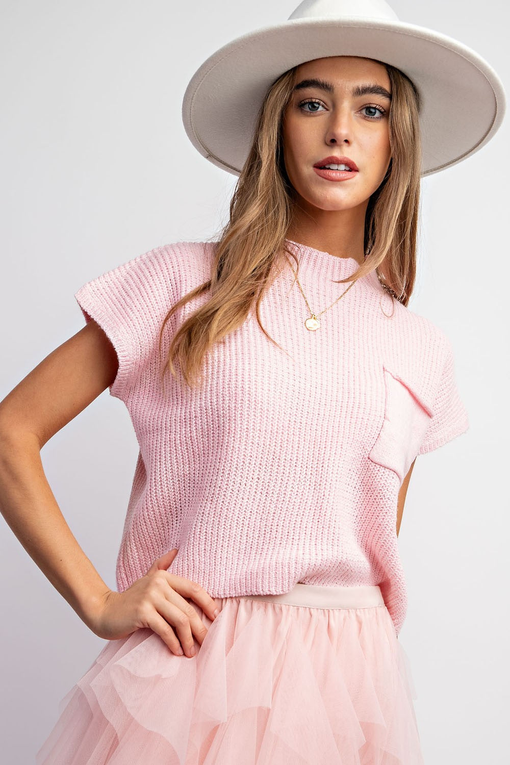 Drop Shoulder Rib-knit Sweater Top Baby Pink