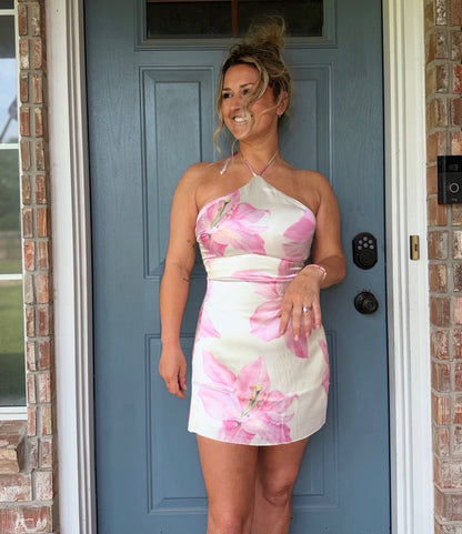 Floral Halter Satin Mini Dress