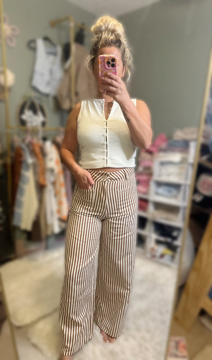 Lightweight Twill Camel Stripe Wide Leg Pants