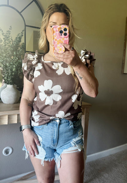 LDC Floral Ruffled Short Sleeve Square Neck Textured Blouse