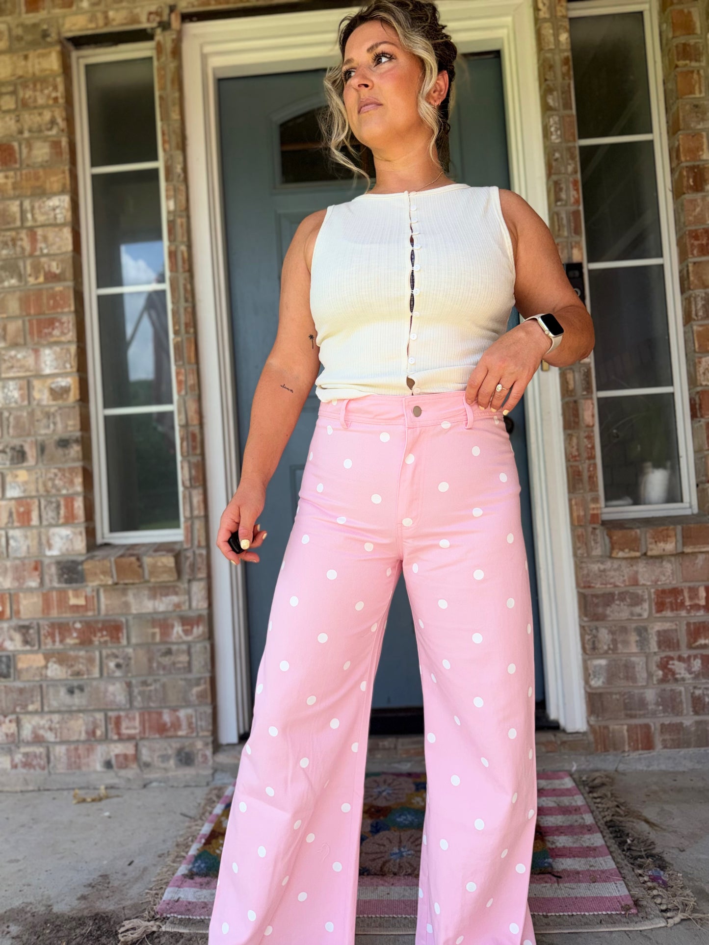 Falling Petals Polka Trouser Relaxed Fit Pants Pink